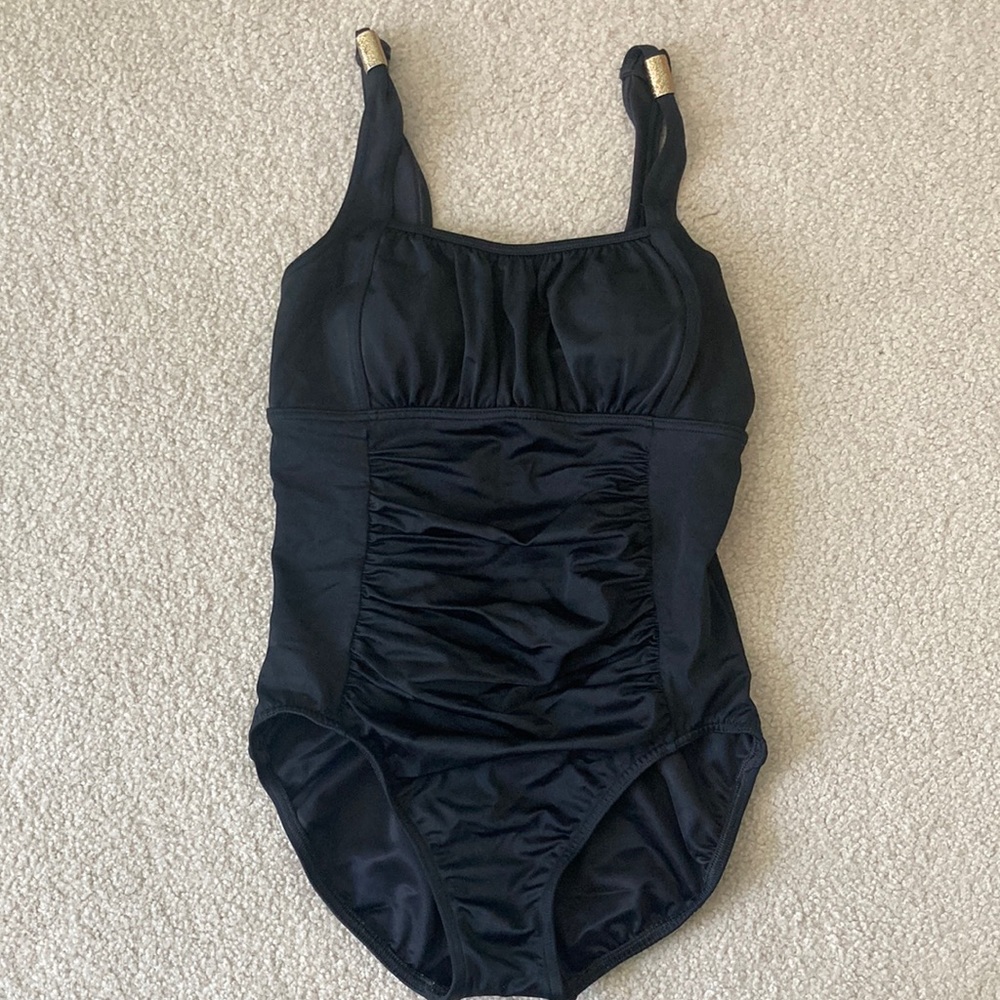 Land’s End size 6 black swimsuit, with gold detail.